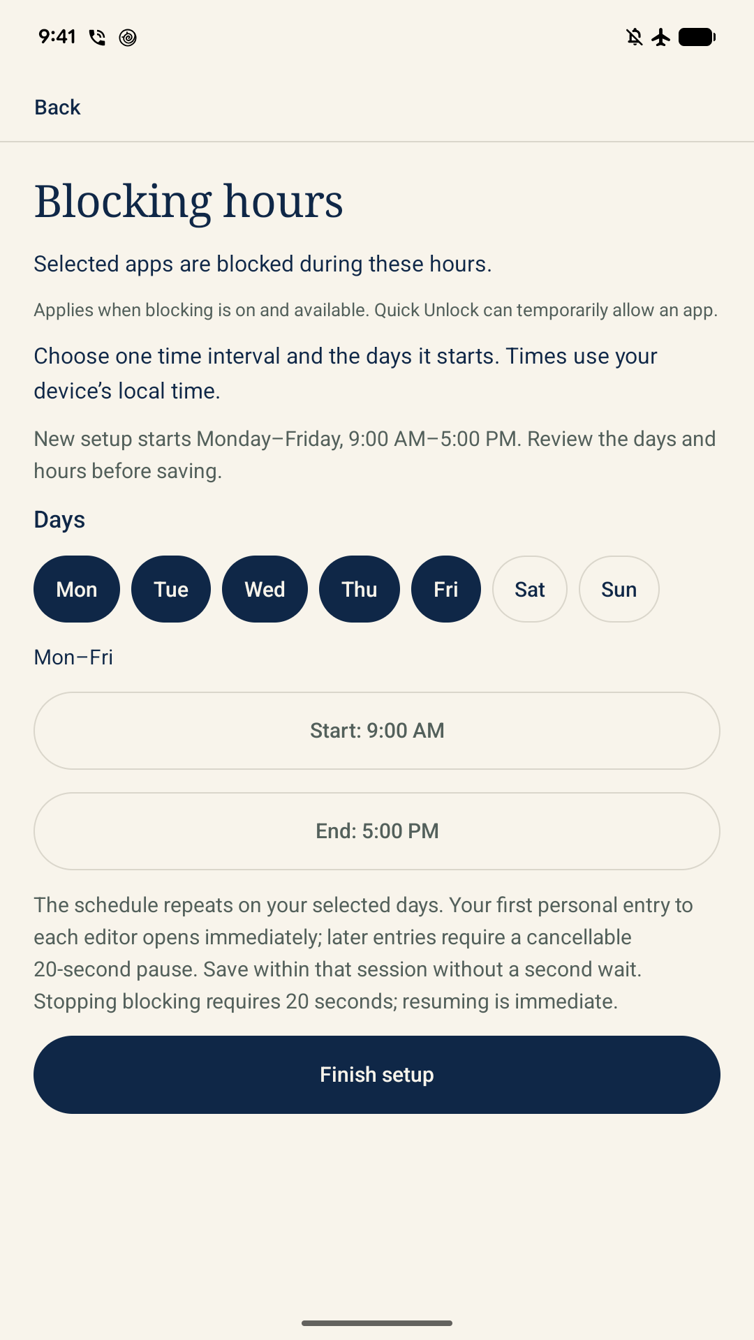 Zomok Blocking hours showing Monday to Friday, 9:00 AM to 5:00 PM.